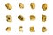 Golden stones set on white background isolated close up, gold nuggets collection, yellow metal rocks samples texture, gold mine