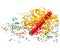 golden streamer, party cracker and confetti over white background