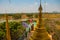 Golden stupa. Top view of beautiful landscape of the place around cities Mawlamyine, Hha-an. Myanmar. Burma.
