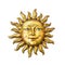 Golden sun face symbol with sunrays isolated on white. Wooden decor ornament symbol painted on gold paint. Summer