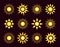 Golden sun icons with different rays. Gold summer symbols with gradient. Flat sunlight signs on dark background. Vector