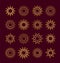 Golden sun icons with different rays. Gold summer symbols with gradient. Line sunlight signs on dark background. Vector