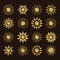 Golden sun icons with different rays. Gold summer symbols with mosaic texture. Flat sunlight signs on dark background. Vector