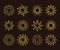 Golden sun icons with different rays. Gold summer symbols with mosaic texture. Thin line sunlight signs. Isolated objects. Vector