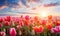 Golden sun illuminates a vast field of vibrant tulips. Created with AI