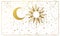 Golden sun and ornate crescent moon on a white background. Magic banner for astrology, tarot, divination, magic. Divine