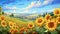 Golden sunflower field. Blossom sunflowers landscape. Hand Paint summer floral Impressionist style. Modern art. AI