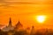 Golden sunrise in Bagan, Myanmar. Historic buddhist temples and stupas