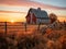 Golden sunrise over a serene rural barn with broken fence.