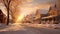 Golden sunset bathes snowy suburban houses in warm glow on winter evening, Ai Generated