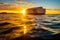 golden sunset highlighting iceberg surfaces in open ocean