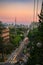 Golden sunset light looking towards the Toronto skyline from the Baldwin Steps at Casa Loma