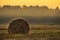 Golden sunset over farm field with hay bales. Autumn landscape