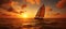 Golden Sunset over Ocean with Sailboat on Horizon, Emphasizing Grandeur and Tranquility
