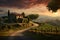 Golden Sunset Over Tuscan Vineyard with Rustic Farmhouse, Rolling Hills, and Picnicking Couple. Generative Ai