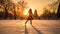 Golden Sunset Skating: Woman\\\'s Grace on Winter Ice. Generative Ai