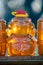 Golden sweet honey in plastic bottle in grocery market