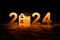 Golden symbol house with year numbers 2024 on dark background. Golden real estate 2024 New Year. 3D illustration