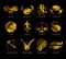 Golden symbols of the zodiac signs on a black background.