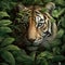 A Golden Tabby Tiger Head Wrapped In Green Leaves On A Background Of Leaves. Generative AI