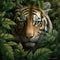 A Golden Tabby Tiger Head Wrapped In Green Leaves On A Background Of Leaves. Generative AI