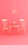 Golden table, two chairs and stylish chandelier trendy interior on pink background 3D illustration