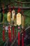 Golden Taoist prayer charms hanging from a tree