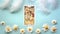 Golden tarot cards on the Blue background with Daisy flowers, six of cups