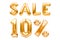 Golden ten percent sale sign made of inflatable balloons isolated on white. Helium balloons, gold foil numbers. Sale