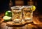 Golden tequila shots with lime and salt on wooden board background.Macro.AI Generative