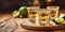 Golden tequila shots with lime and salt on wooden board background.Macro.AI Generative