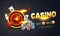 Golden text Casino with 3D chip, coins, ace cards, and roulette