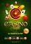 Golden text Casino Night with 3D chip, coins, ace cards, and roulette on sparkling green background. Flyer, poster or banner