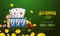 Golden text Casino Night with 3D chip, coins, ace cards, and roulette on sparkling green background. Flyer, poster or banner