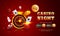 Golden text Casino Night with 3D chip, coins, ace cards, and roulette on sparkling red background. Flyer, poster or banner design
