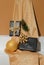 Golden textile, Gift box and geometry scene. Holiday,christmas, birthday concept. Still life fashion wallpaper