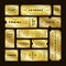 Golden tickets. Admit one gold movie ticket set. Vip party coupon vector templates