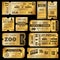 Golden tickets. Old gold admission vip ticket of circus, wedding party and cinema, theater concert. Raffle premium