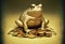 Golden toad sitting on golden coins wellness background.