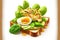 golden toast with avocado and chicken egg and basil leaves