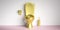 Golden toilet bowl on pink floor, white wall background, copy space. 3d illustration