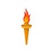 Golden torch with bright red-orange fiery flame. Symbol of Olympic games. Flat vector element for computer or mobile