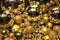 Golden toy balls with sparkles and reflections in disco style