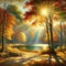 Golden Tranquility: Sunlit Autumn Clearing by the Lake, nature painting, autumn painting
