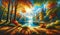 Golden Tranquility: Sunlit Autumn Clearing by the Lake, nature painting, autumn painting