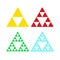 Golden triforce geometric triangle power symbol in four colors. Sierpinski triangle. Infinite fractal shap