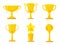 Golden trophies flat illustrations set. Sports achievements cups and goblets. Career goals award isolated clipart