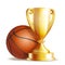 Golden trophy cup with a Basketball ball.