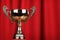 Golden trophy cup over red background