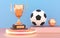 Golden trophy cup with soccer ball on the podium. Winner Cup and football ball. Shiny golden trophy awards on wooden